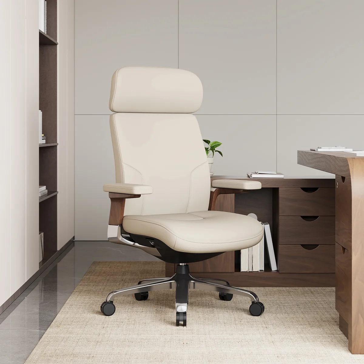 Black Genuine Leather Swivel Office Chair with Ergonomic Synchro-Tilt Recline System — image 12