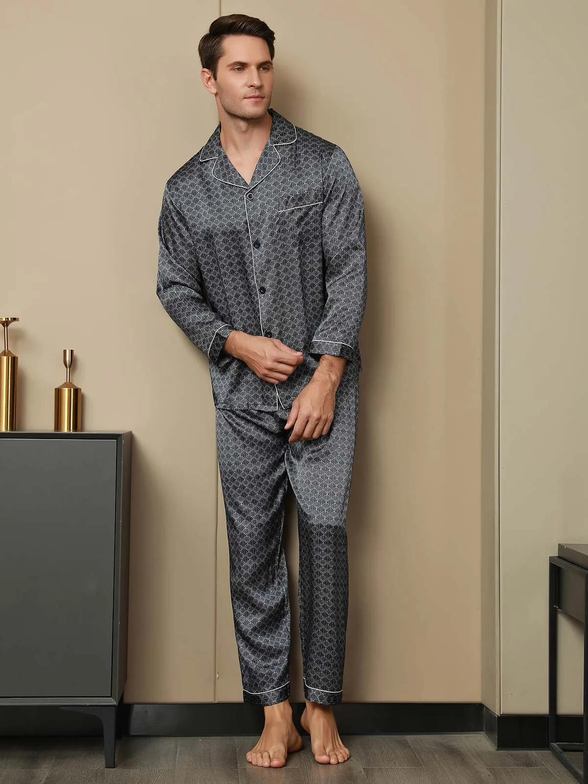 100% Mulberry Silk Ginkgo Print Long Sleeve Men's Pajamas Set With Pants — image 5