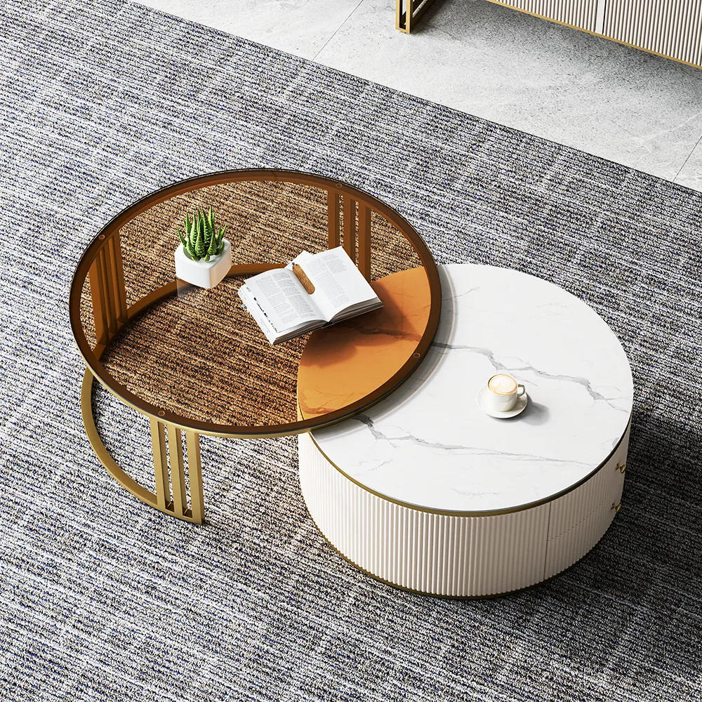 Round 2-Piece Nesting Set Sintered Stone Top Beige Coffee Table with Drawer 78.7" Modern White Boucle Upholstered Fluted 3-Seater Sofa — image 19