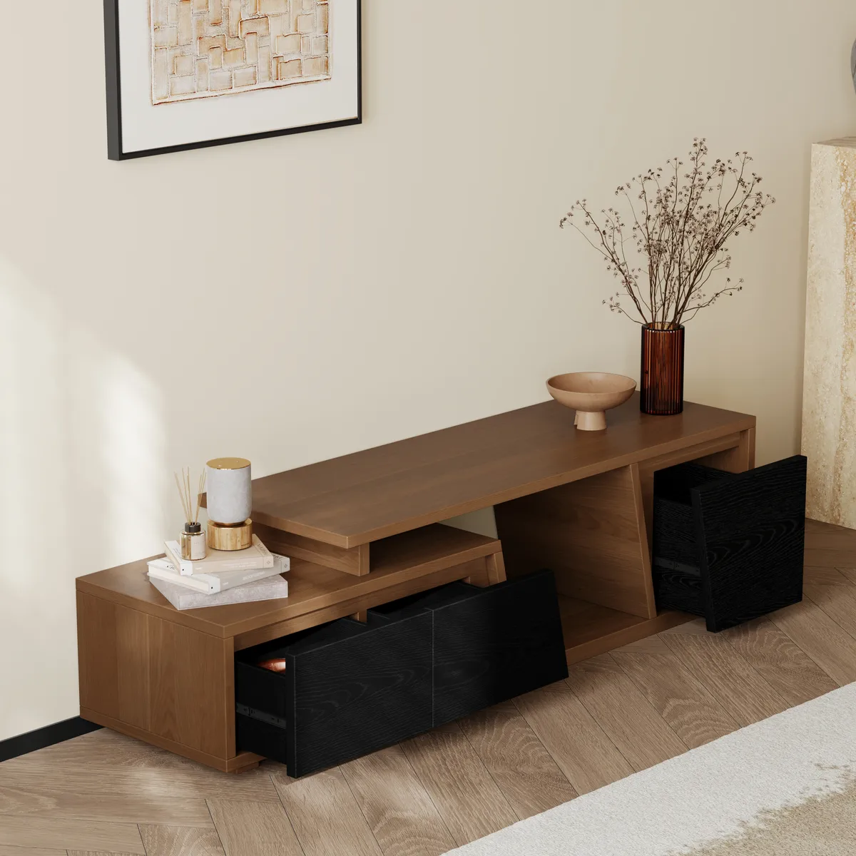Fero Minimalist Rectangle Gray Extendable TV Stand with 3 Drawers Up — image 3