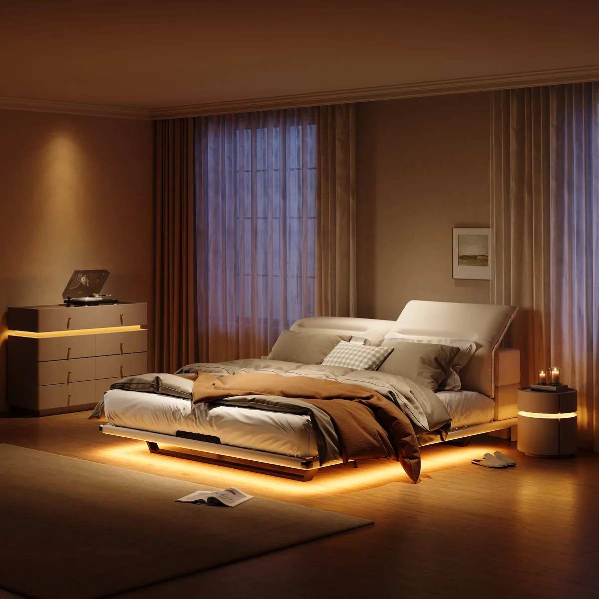 Modern King Size Floating Bed Frame with Light & Adjustable Headboard — image 9