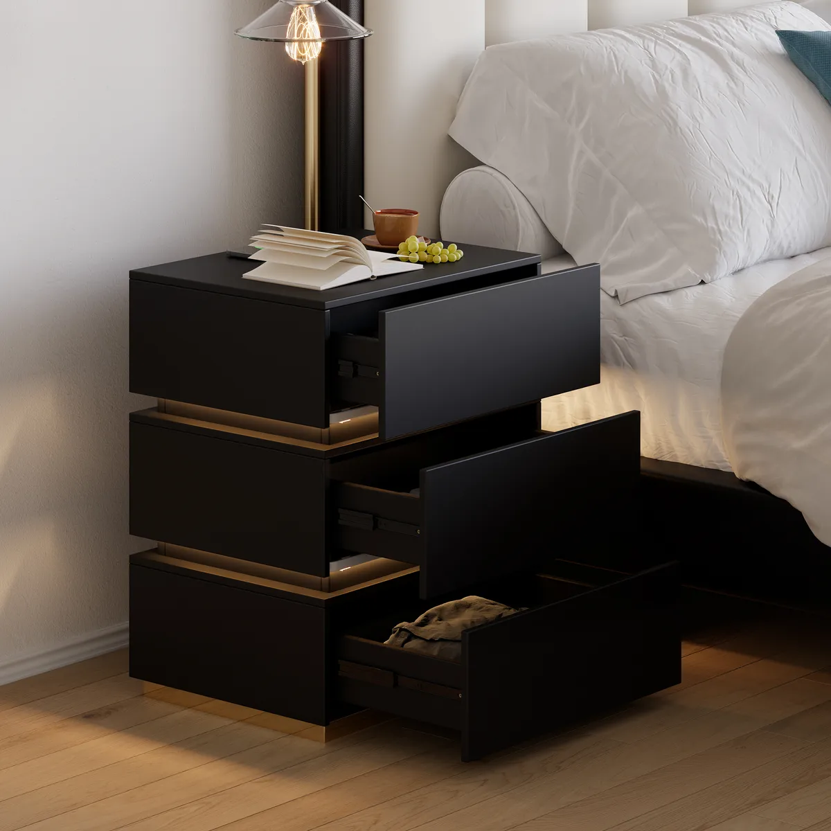 Smart 3-Drawer Nightstand with Charging Station Bedside Table with Light — image 5