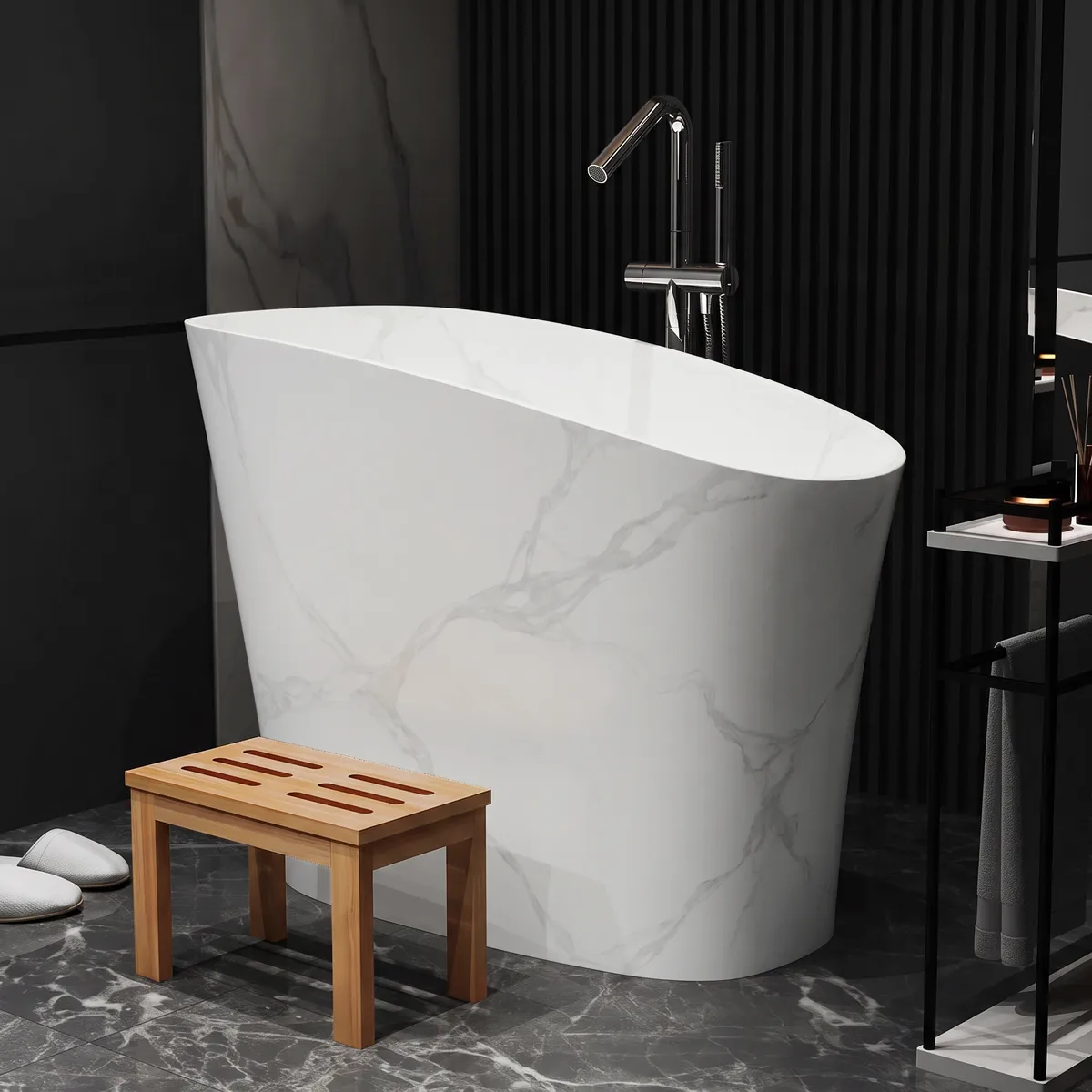 47" Japanese Irregular Freestanding Stone Resin Soaking Bathtub, Marble Look — image 11