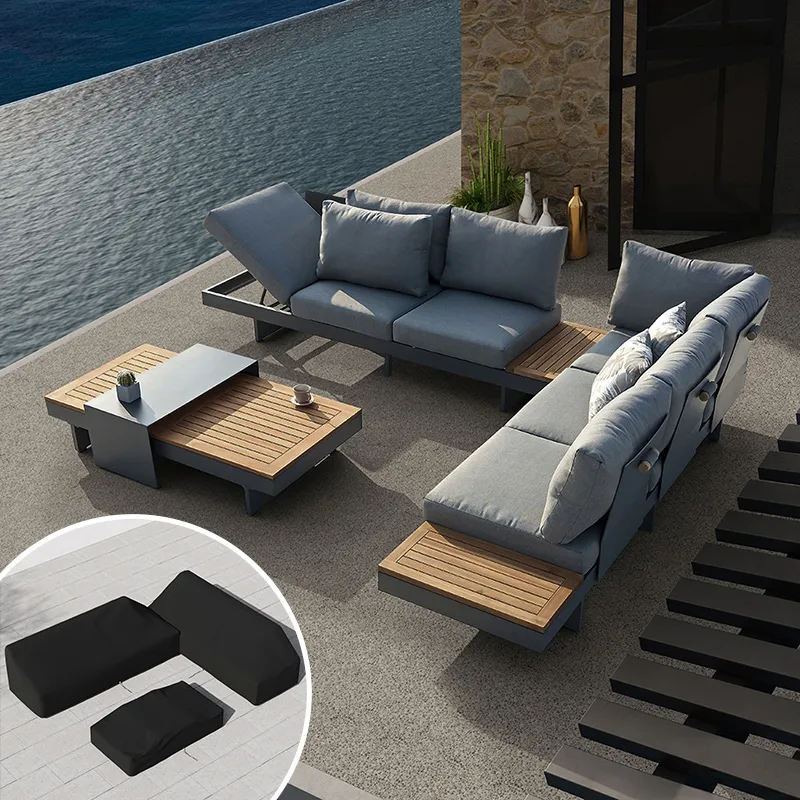 Tevara 7-Piece Outdoor Teak & Aluminum Modular Sofa Set for 6 with Ivory Cover — image 2