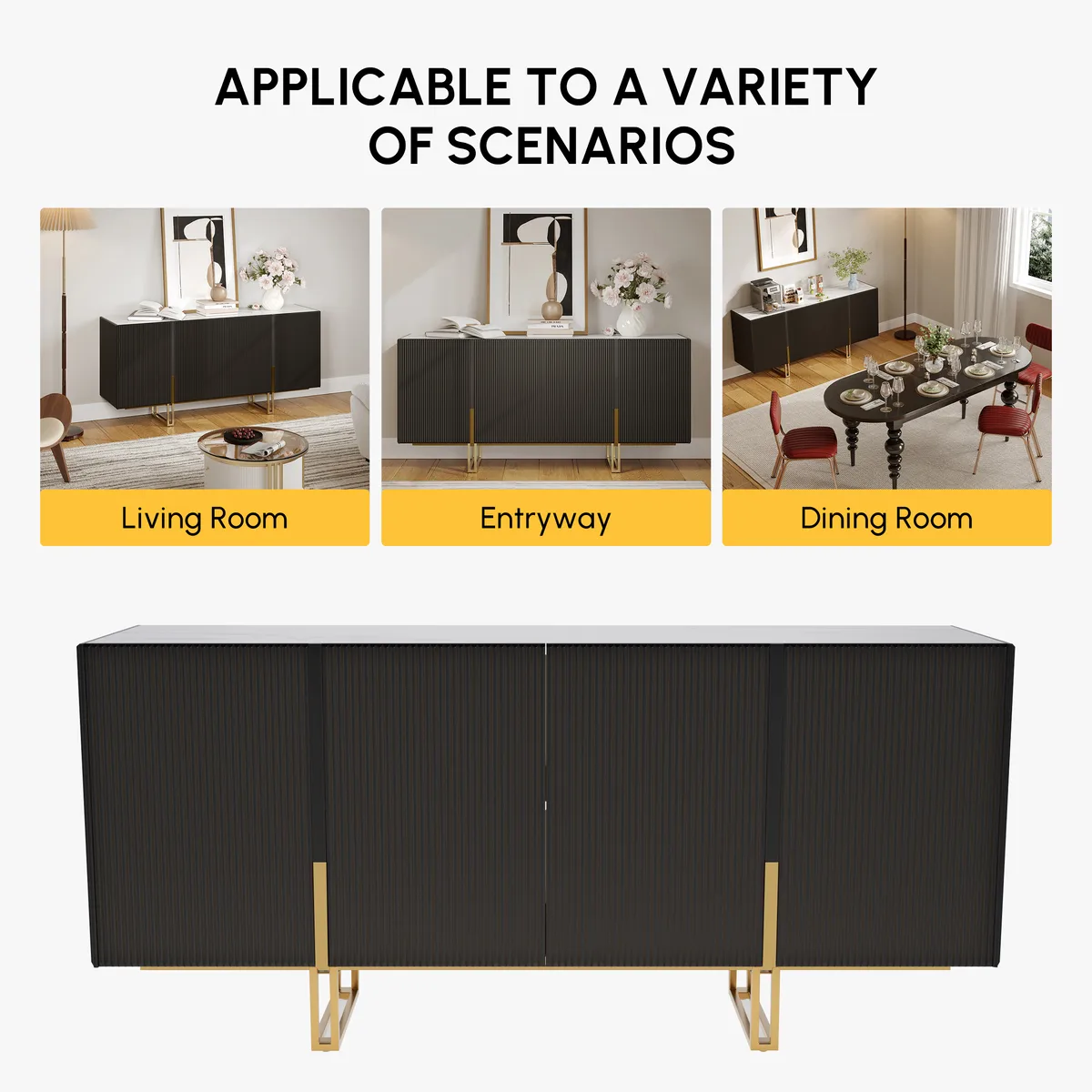 Grovyn 63" Buffet Sideboard Sintered Stone Top Black Fluted with Adjustable Shelves — image 18