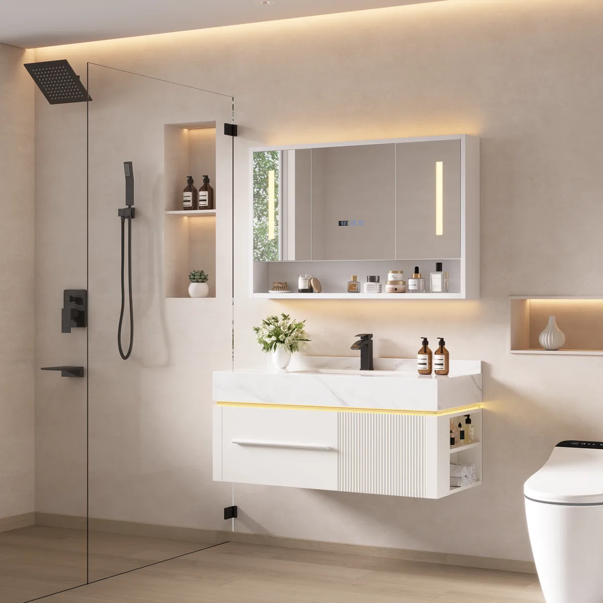 39.4" Wall-Mounted Bathroom Vanity with Sintered Stone Top, LED Sensor Light — image 6