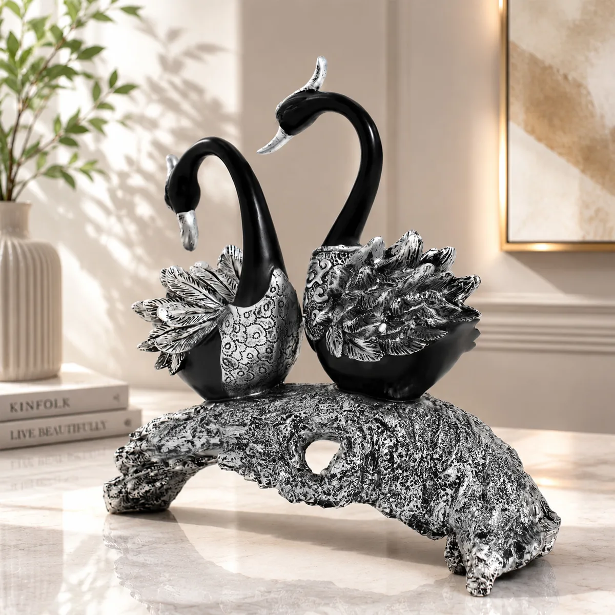 Swan Couple Resin Sculpture in Black & Silver for Home Table Decor — image 22