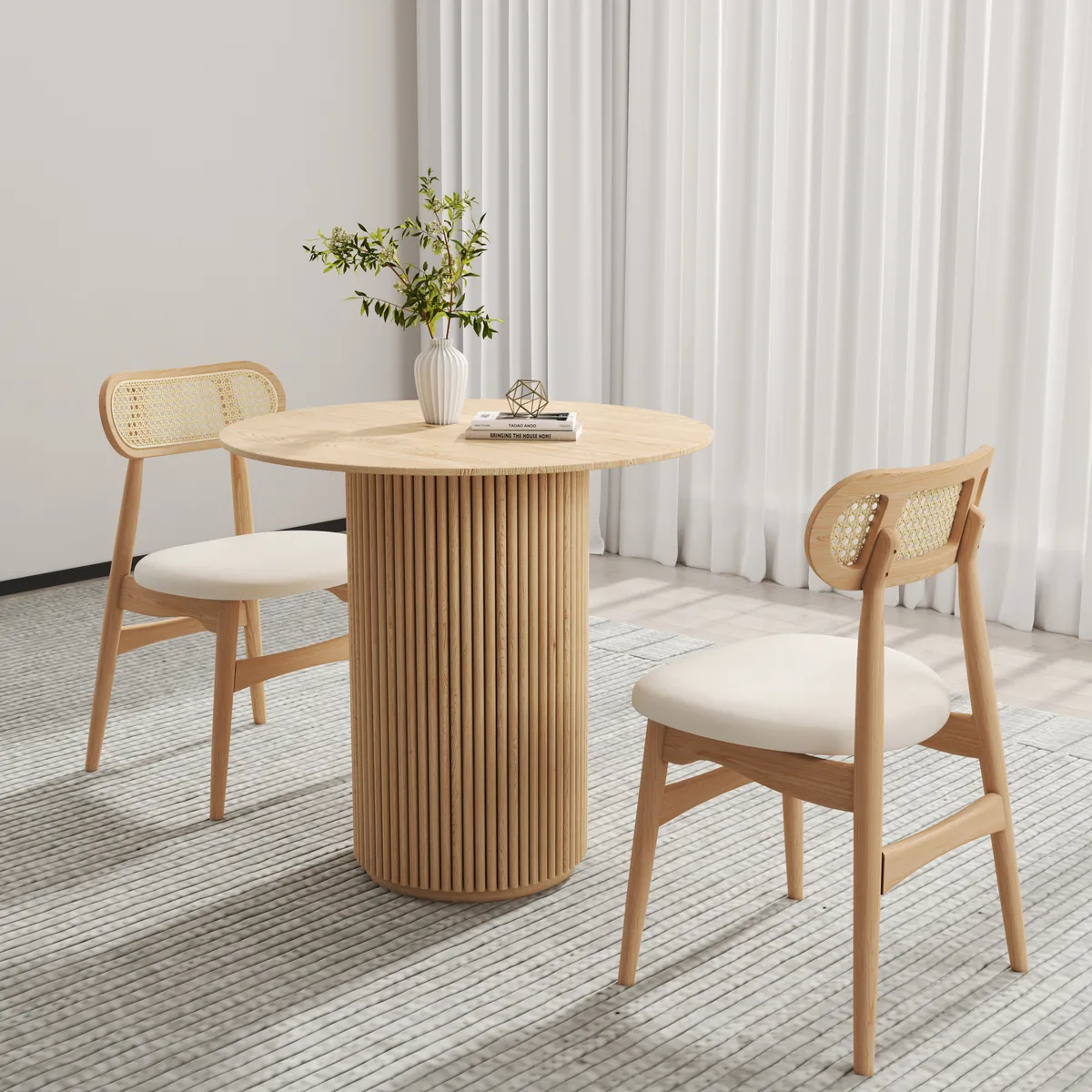 Dining Table Set Round Small Dining Table & 2-Piece Natural Rattan Upholstered Dining Chairs — image 2