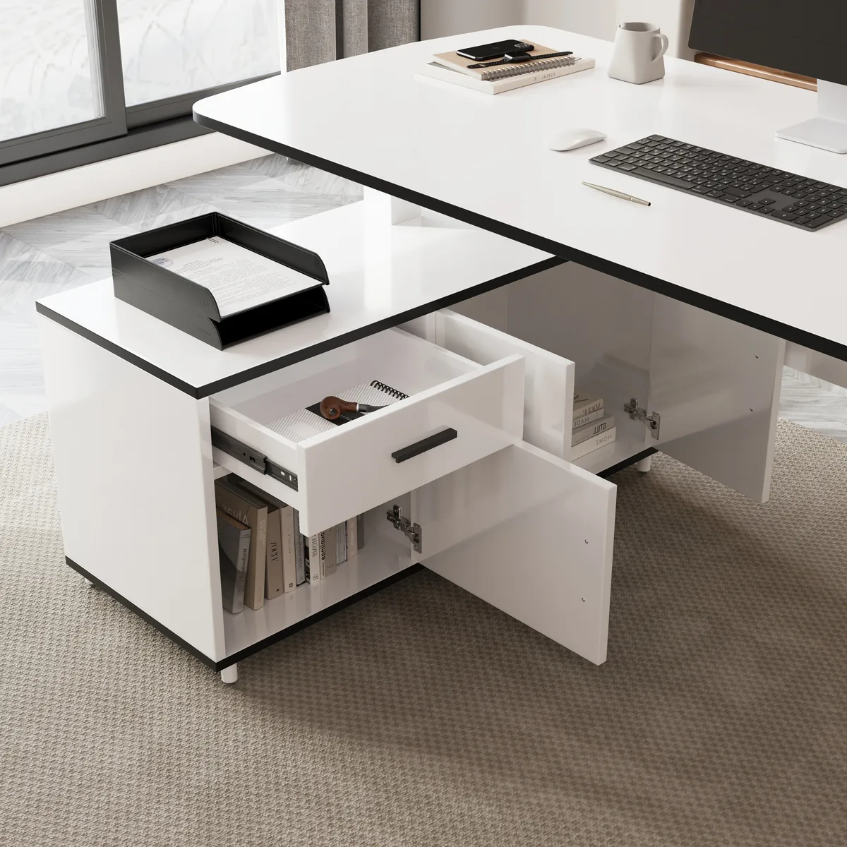 L Shaped Executive Office Desk Standing Desktop with 3 Doors & Drawer White Office Furniture Left Hand(63") & Office Chair Set — image 9