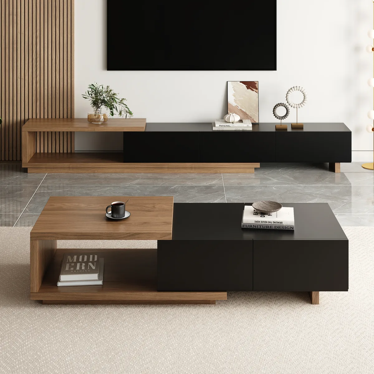 Quoint 68.9" Modern White Coffee Table Retracted & Extendable with 2-Drawer — image 5