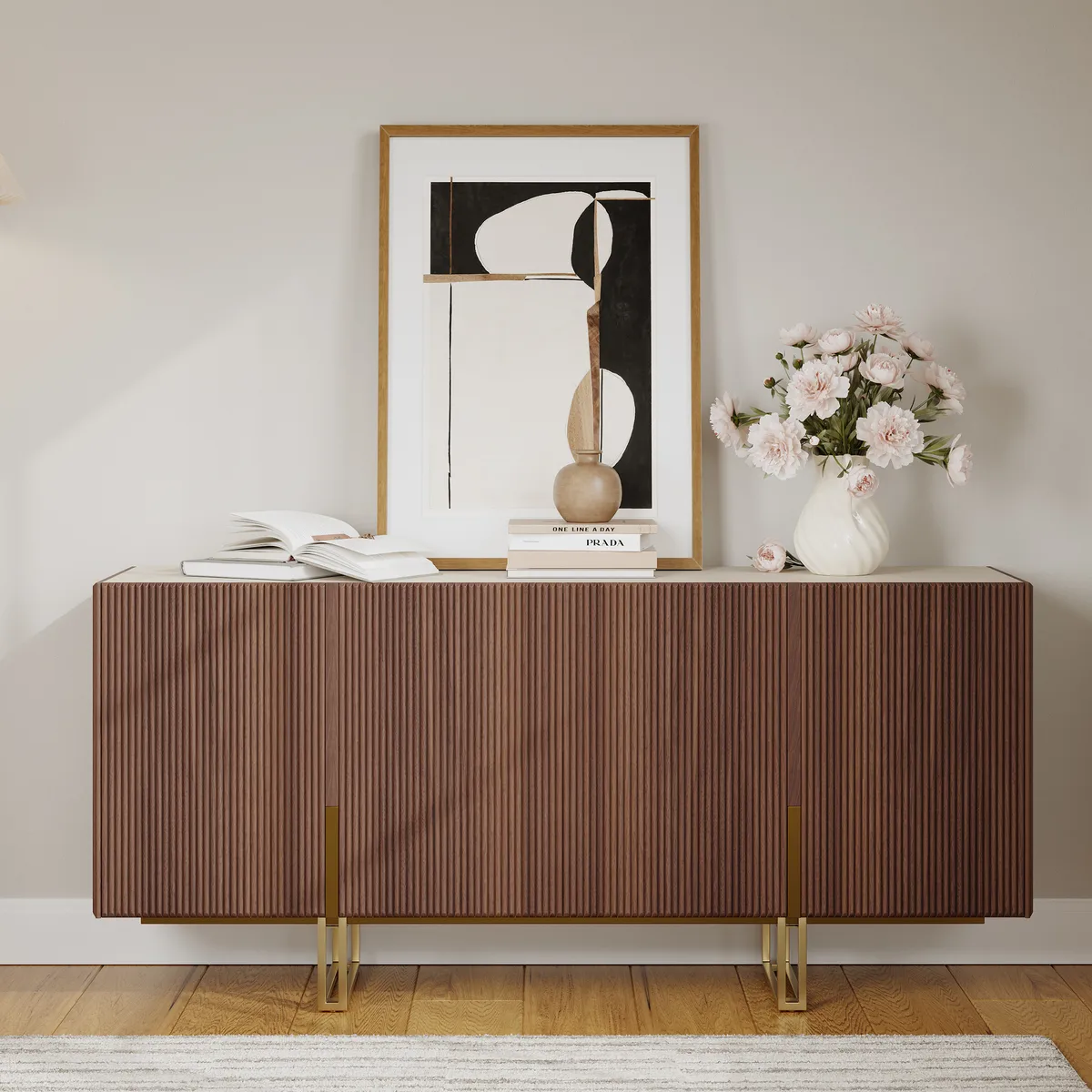 Grovyn 63" Buffet Sideboard Sintered Stone Top Black Fluted with Adjustable Shelves — image 21