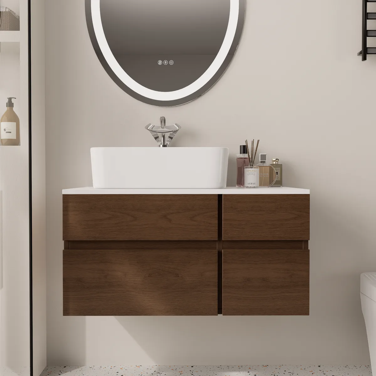 31.5" Walnut Floating Bathroom Vanity Left Offset Ceramic Vessel Sink — image 21