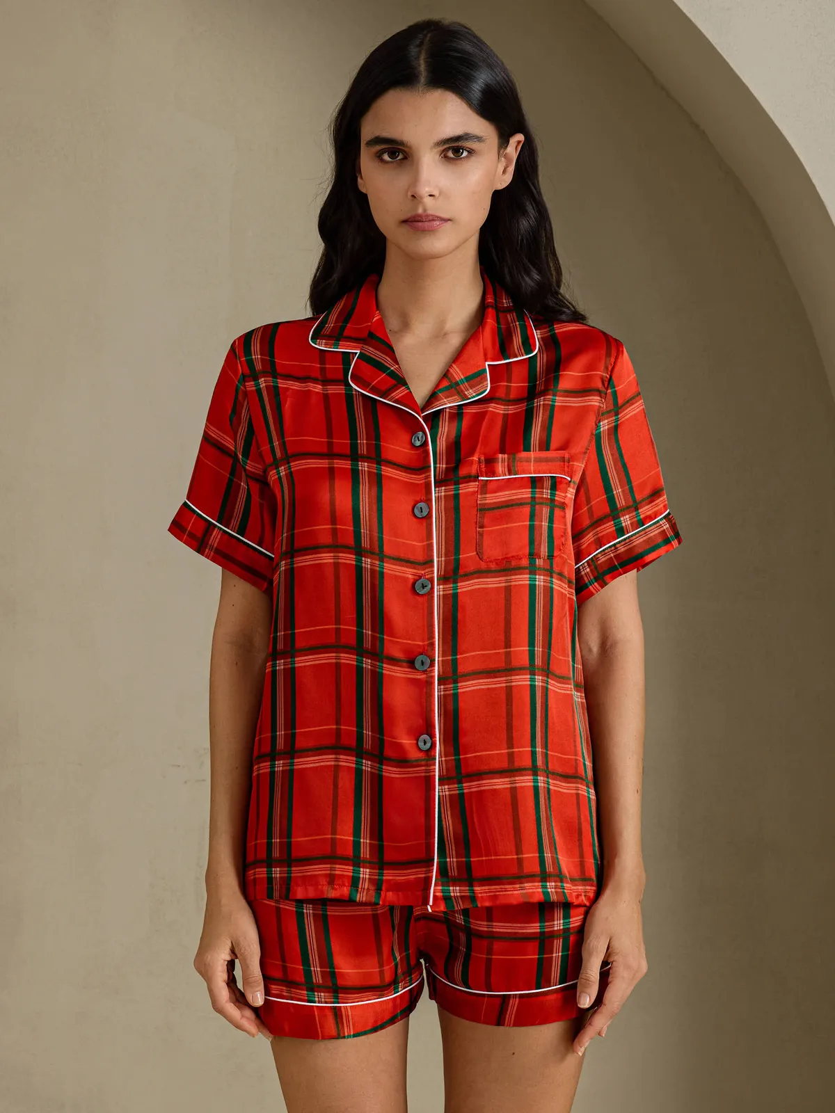 100% Mulberry Silk Women's Plaid Print Short Sleeve Pajama Set
