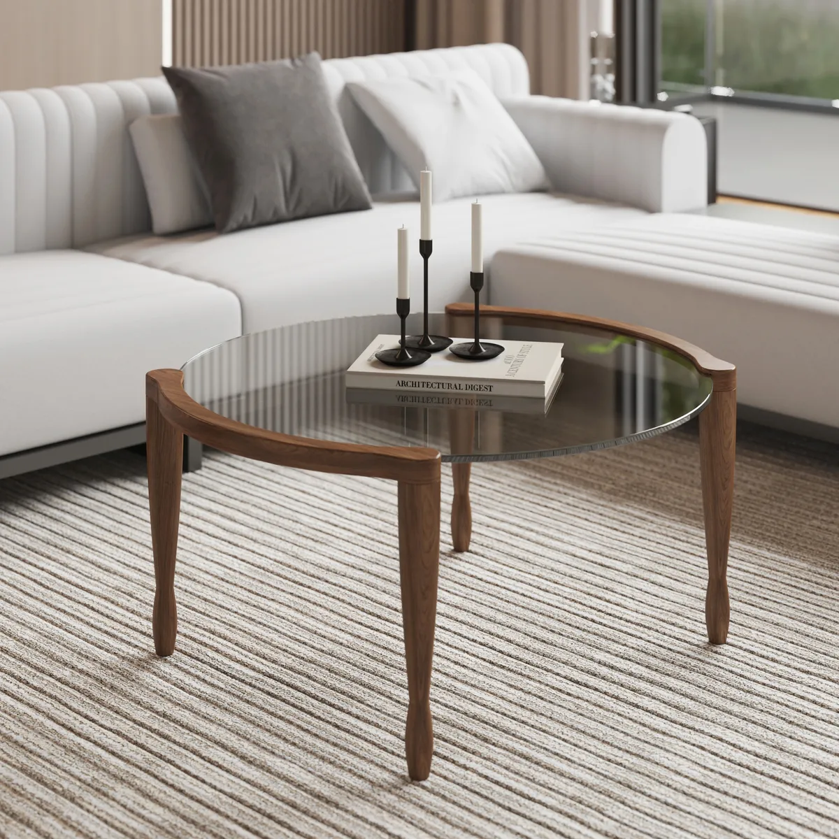 Mid Century Modern Glass and Walnut Round Coffee Table with Wood Legs — image 4
