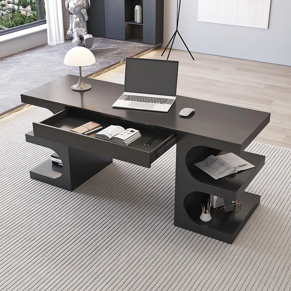 64.2" Black Wooden Writing Desk & Reclining Leather Office Desk Chair Set — image 4