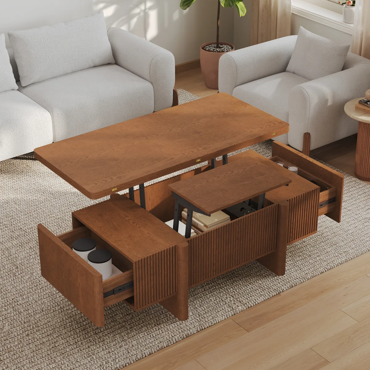 47" Fluted Lift-Top Walnut Coffee Table with 2 Drawers