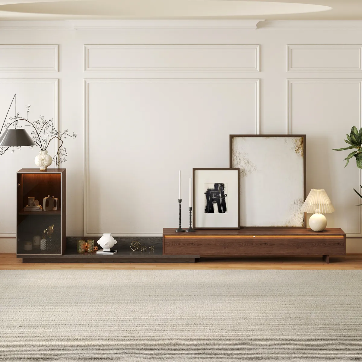 Fero Retracted & Extendable 3 Drawers TV Stand with Bookcase & LED Lighting in Walnut & Gray Up — image 2