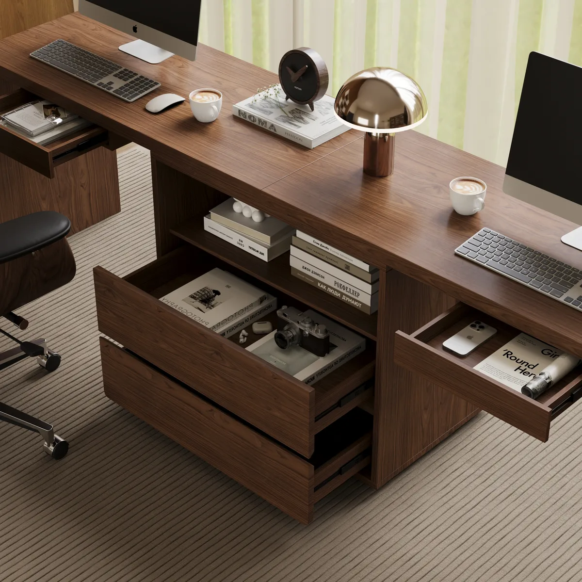 Modern 94" Rectangular Brown Double Desk with Drawers, Seats 2 — image 6