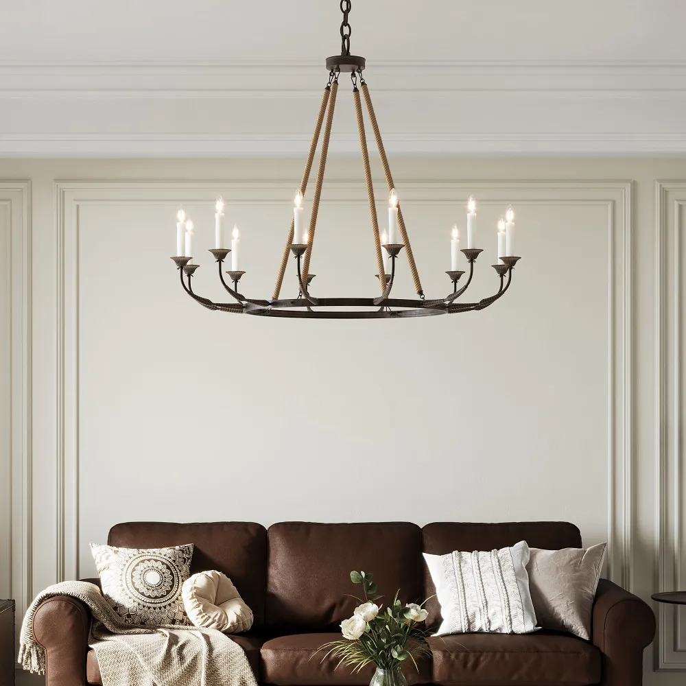 Bever Vintage 12-Light Candelabra Wagon Wheel Chandelier with Flaxen Hemp Rope — image 14