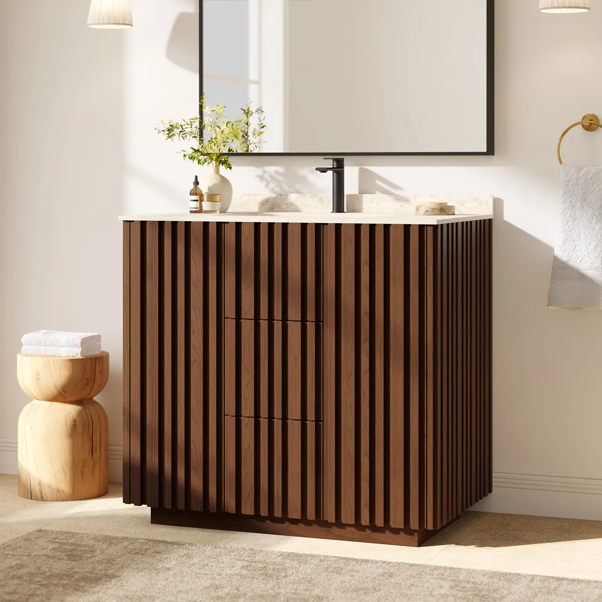 Aura 36" Fluted Bathroom Vanity with Sink, Freestanding Single Sink Vanity with Light — image 2