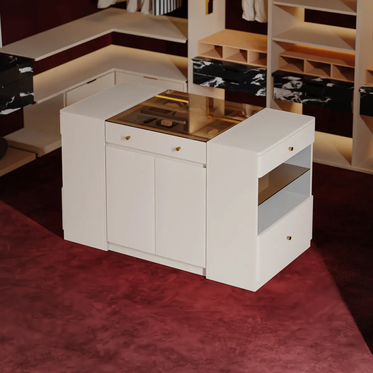 Selvo Saddle Leather Closet Island with Glass Top & Light — image 17