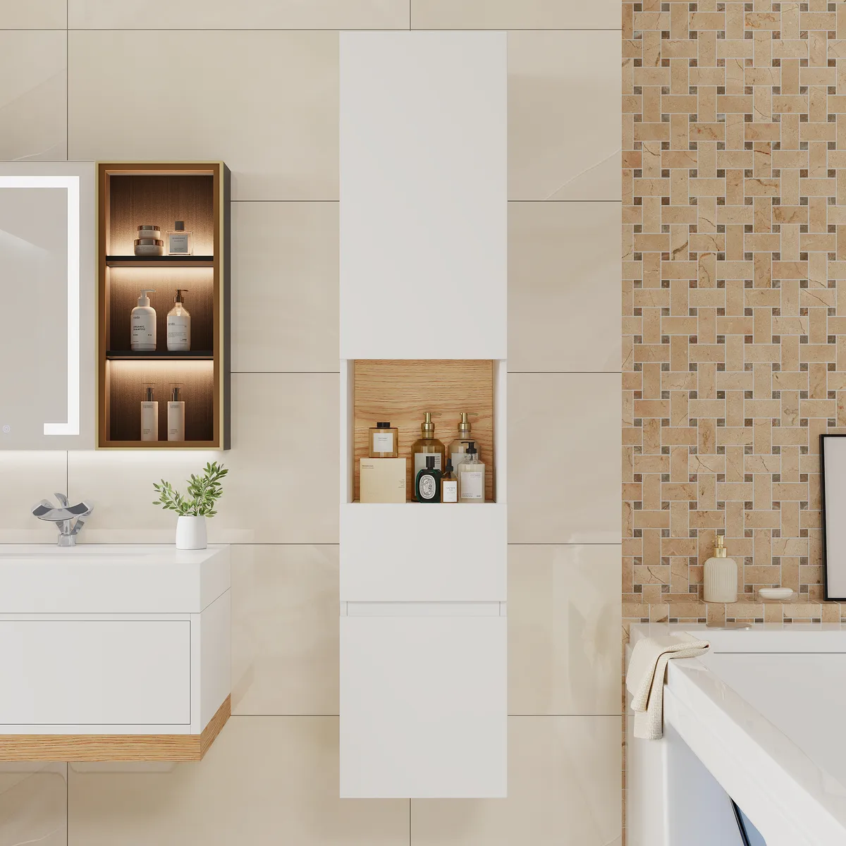 Homary Bathroom Cabinet | High Cabinet Natural & White - 13.8" x 13.8" x 63", With Drawers