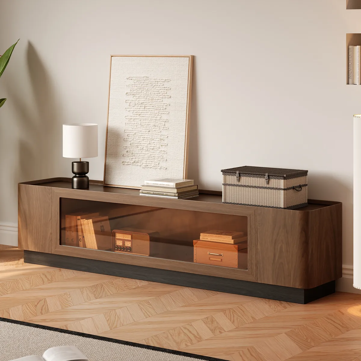 79'' Glass Door TV Stand Mid Century Modern Wood Media Console with Storage & LED — image 22