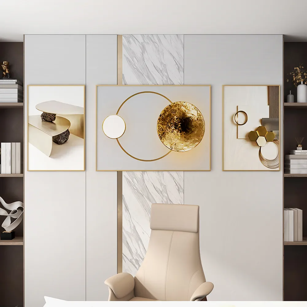 3 Piece White Gold Abstract Canvas Wall Art Set Modern Geometric Wall Decor Canvas Print 63" Wide for Living Room — image 7