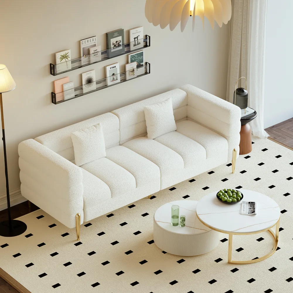 78.7" Modern White Boucle Upholstered Fluted 3-Seater Sofa for Living Room with Pillow White Boucle Accent Chair Modern Modular Armchair — image 5
