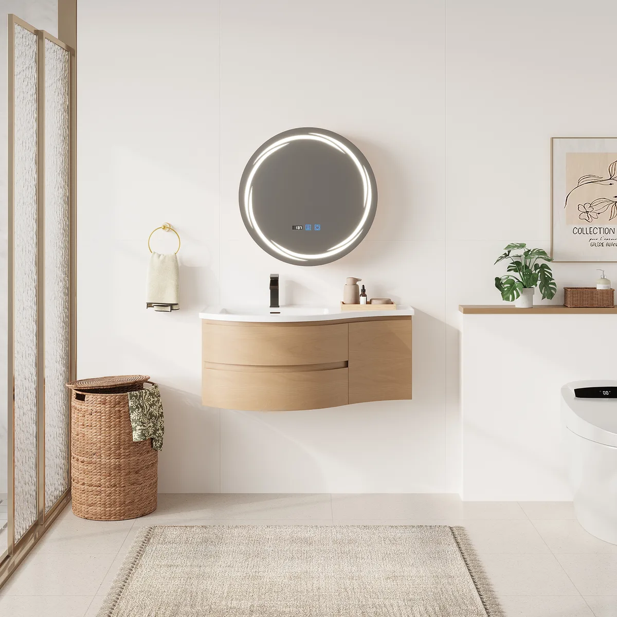 24" Round LED Walnut Medicine Cabinet with Storage, Anti-Fog, Dimmable — image 14
