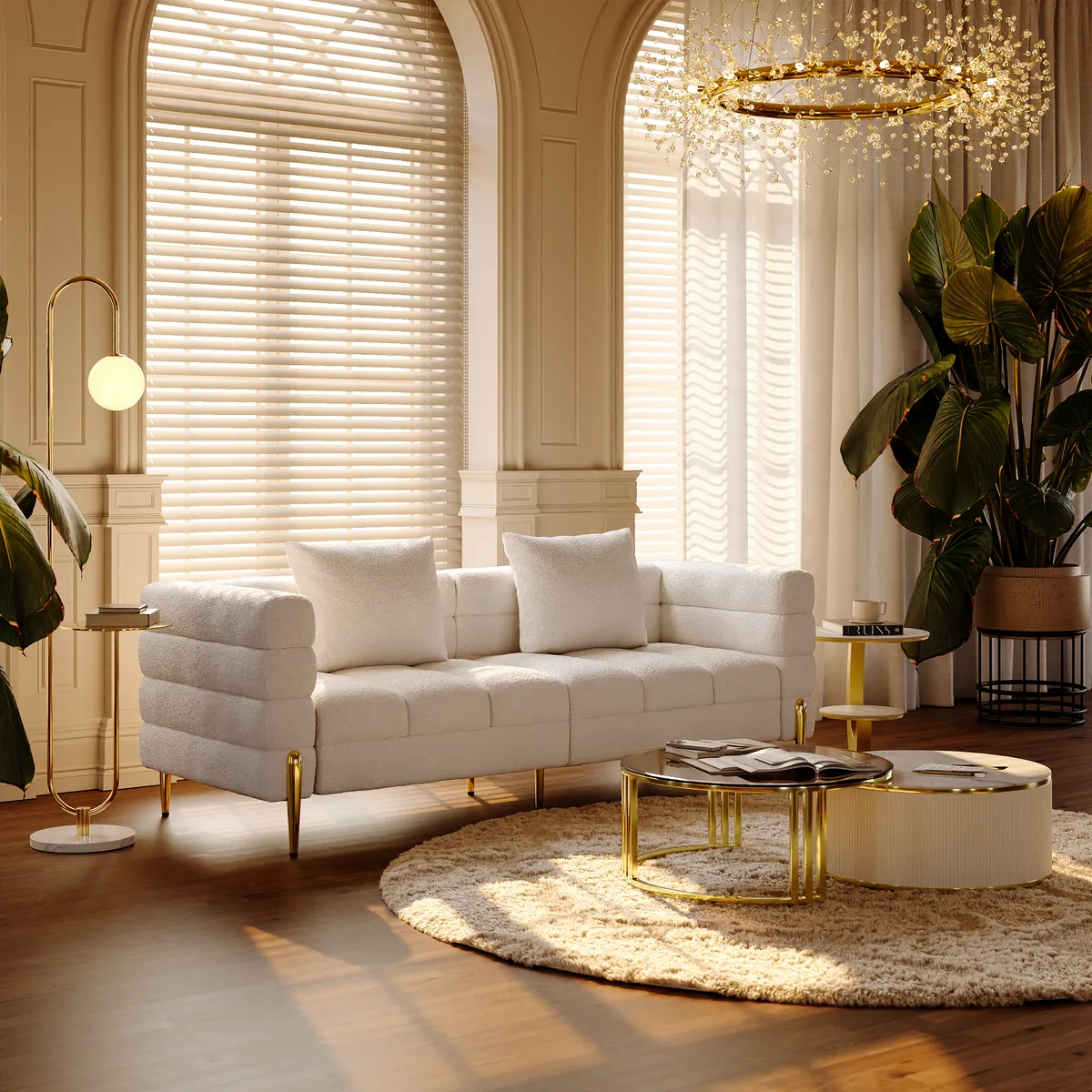 Living Room Couch Set of 2 White Boucle Upholstered Fluted 3-Seater Sofa with Pillows — image 19