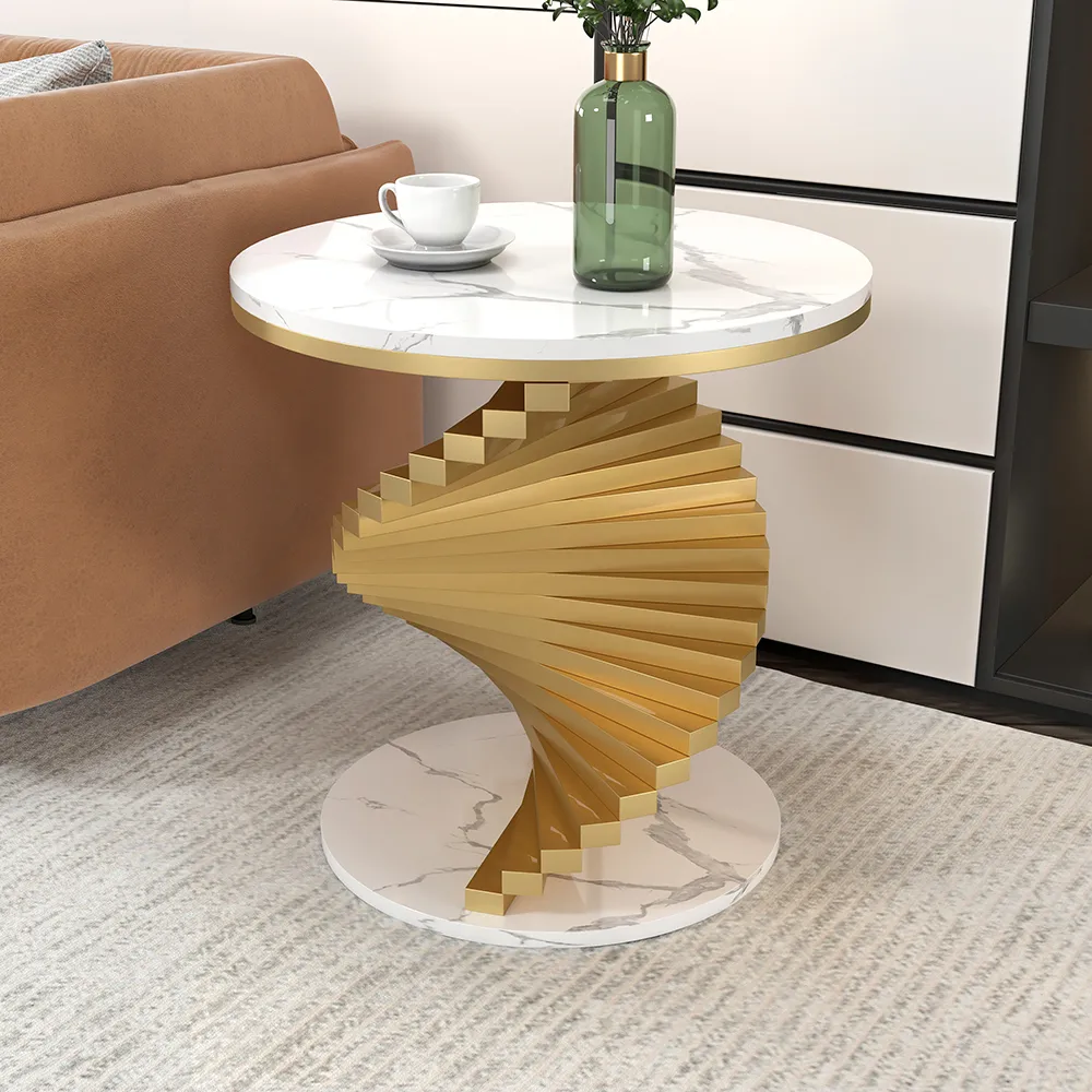 Round Marble Tabletop End Table with Metal Frame Modern Black & Gold Side Table — image 4