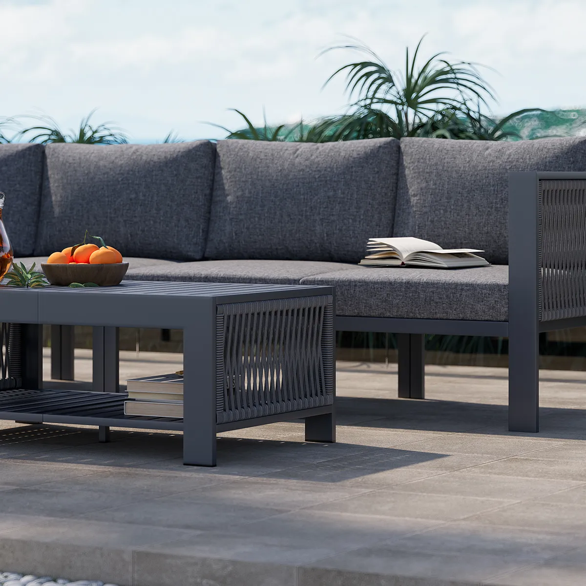 Fencura 7-Piece Outdoor Aluminum & Rope Weave Modular Sectional Set in Dark — image 6