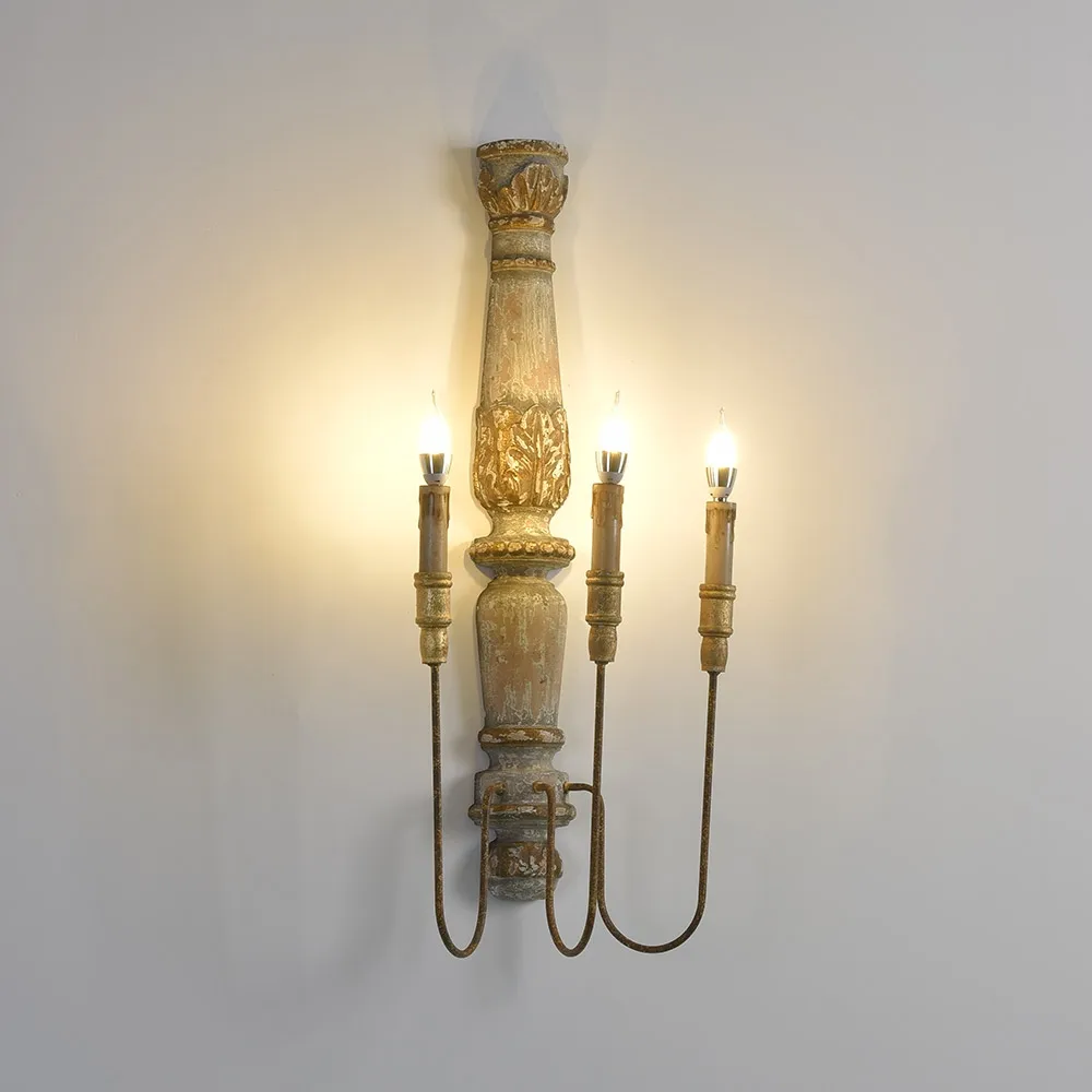 French Country 3-Light Wood Candle Wall Sconce Distressed Carved Design — image 4