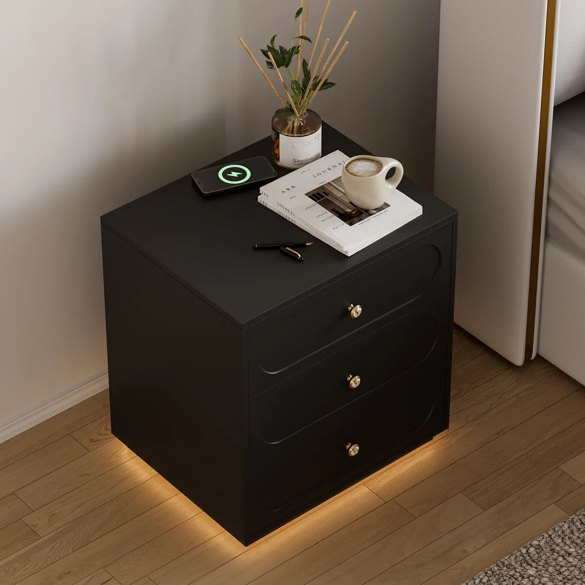 Modern Smart Nightstand with Light 2 Drawer Bedside Table with Charging Station — image 3