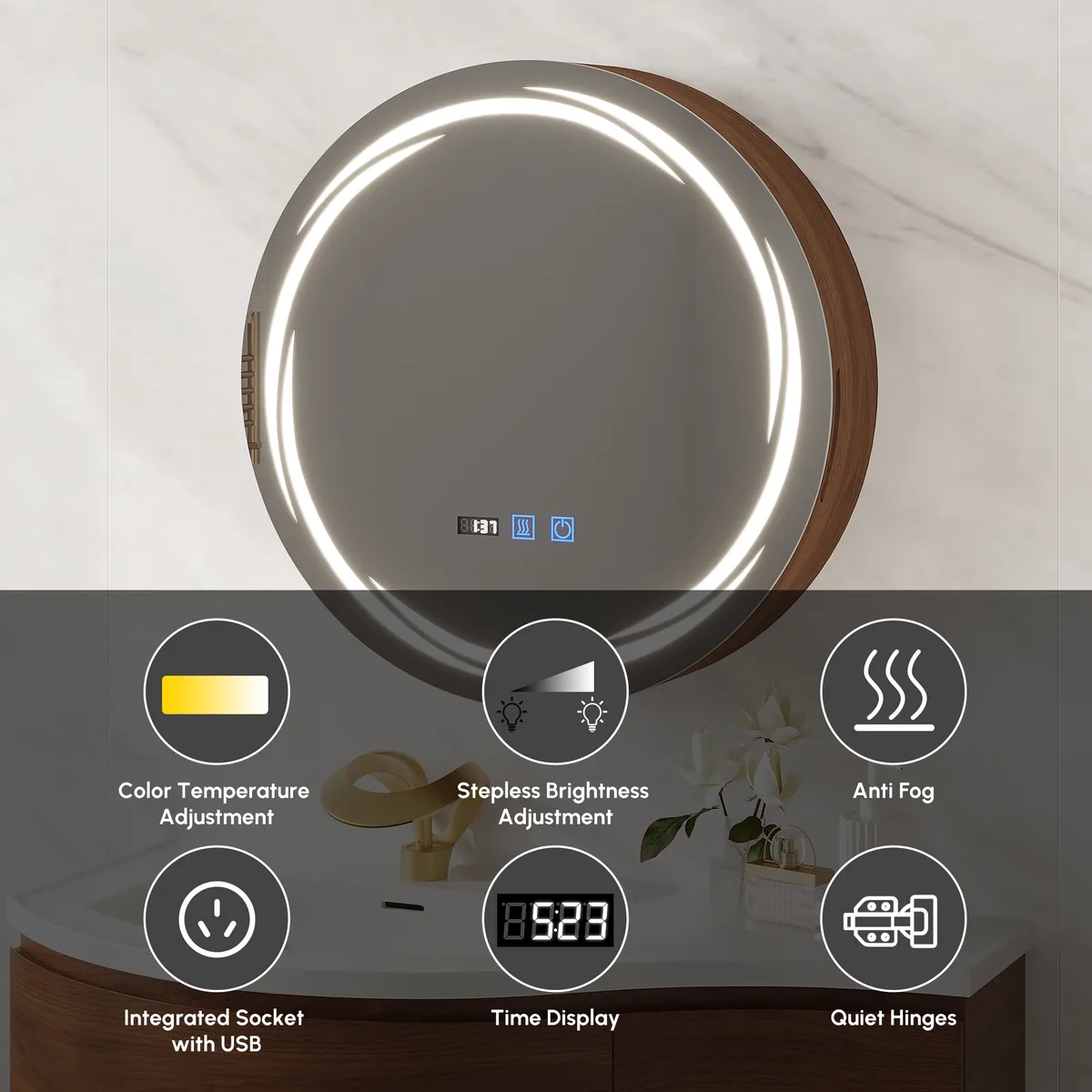 24" Round LED Walnut Medicine Cabinet with Storage, Anti-Fog, Dimmable — image 26