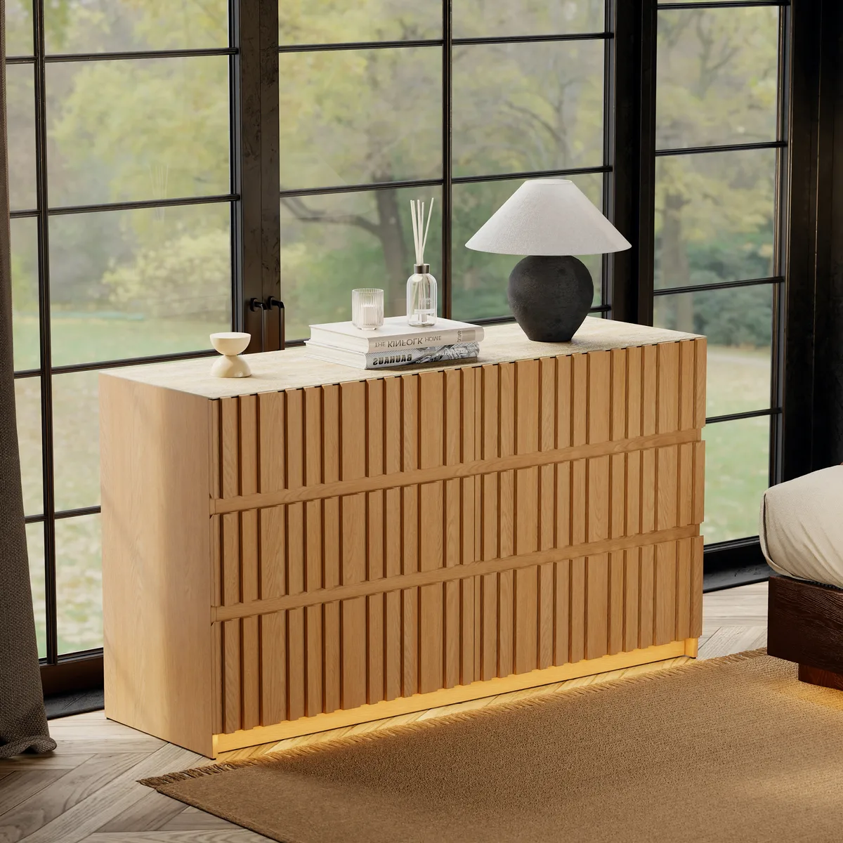 Aura 59" Walnut Sintered Stone 6-Drawer Dresser with Lighting