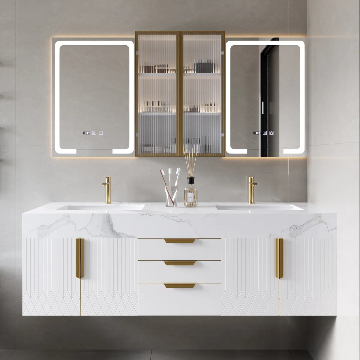 59" Double Sink Floating Vanity Set with LED Medicine Cabinet with Storage