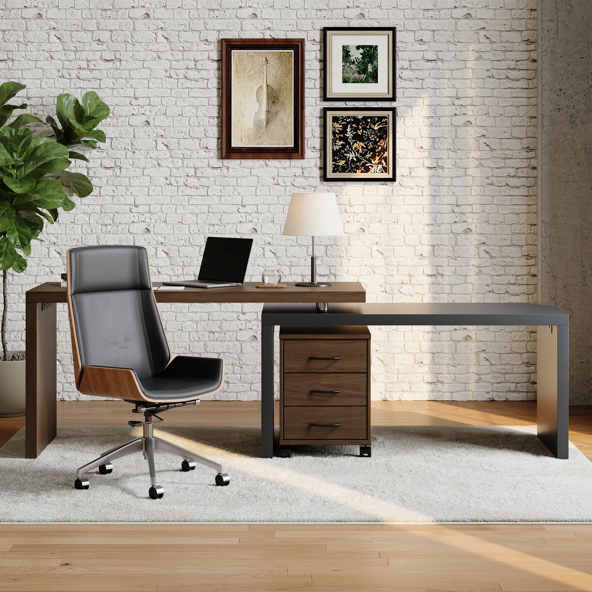 Modern L Shaped Executive Office Desk with with Movable File Cabinet Black & Walnut Swivel Desk Office Furniture (59.8" ) — image 5