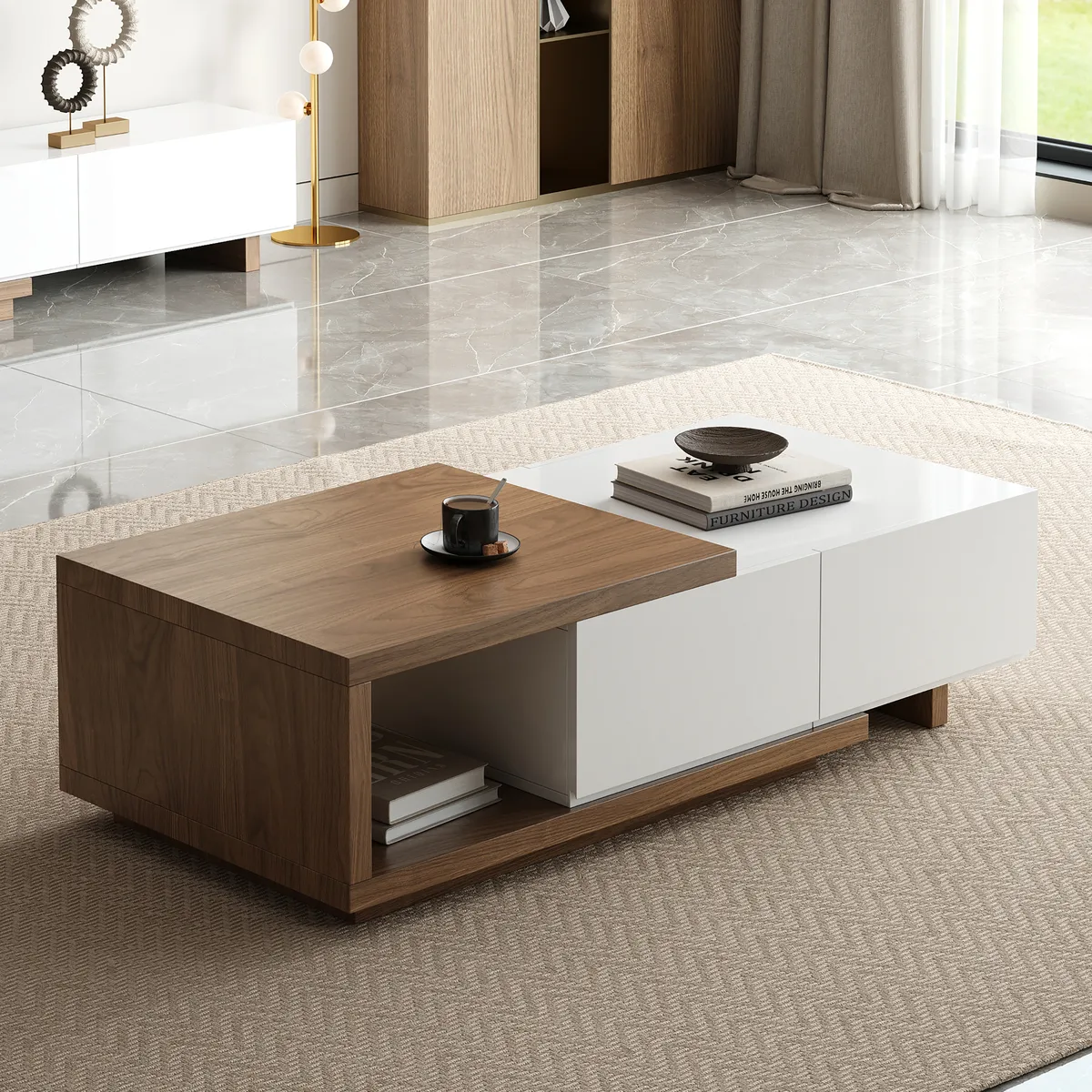 Living Room Cabinet Set Extendable TV Stand & Retracted Coffee Table Set — image 9