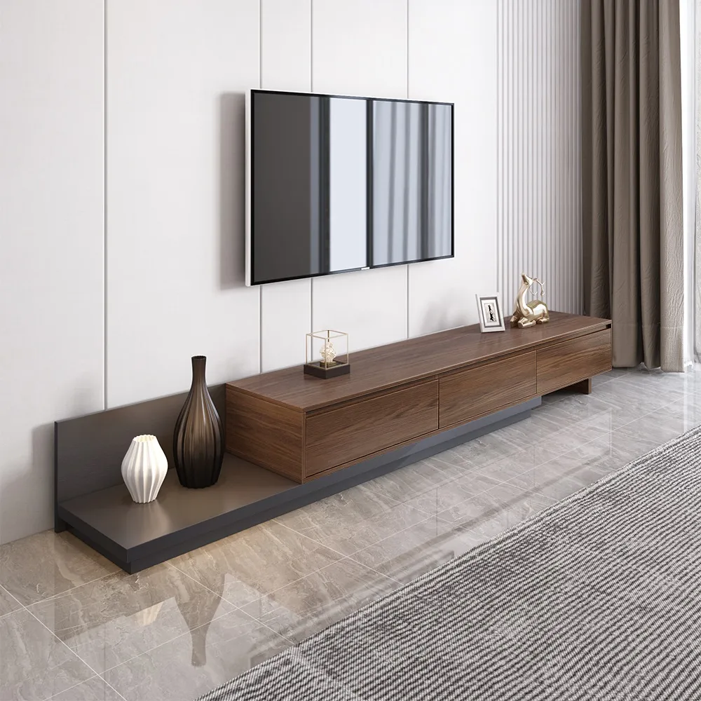 Living Room Cabinet Set Rectangle Gray Extendable TV Stand & Wood Round Nesting Coffee Table — image 25