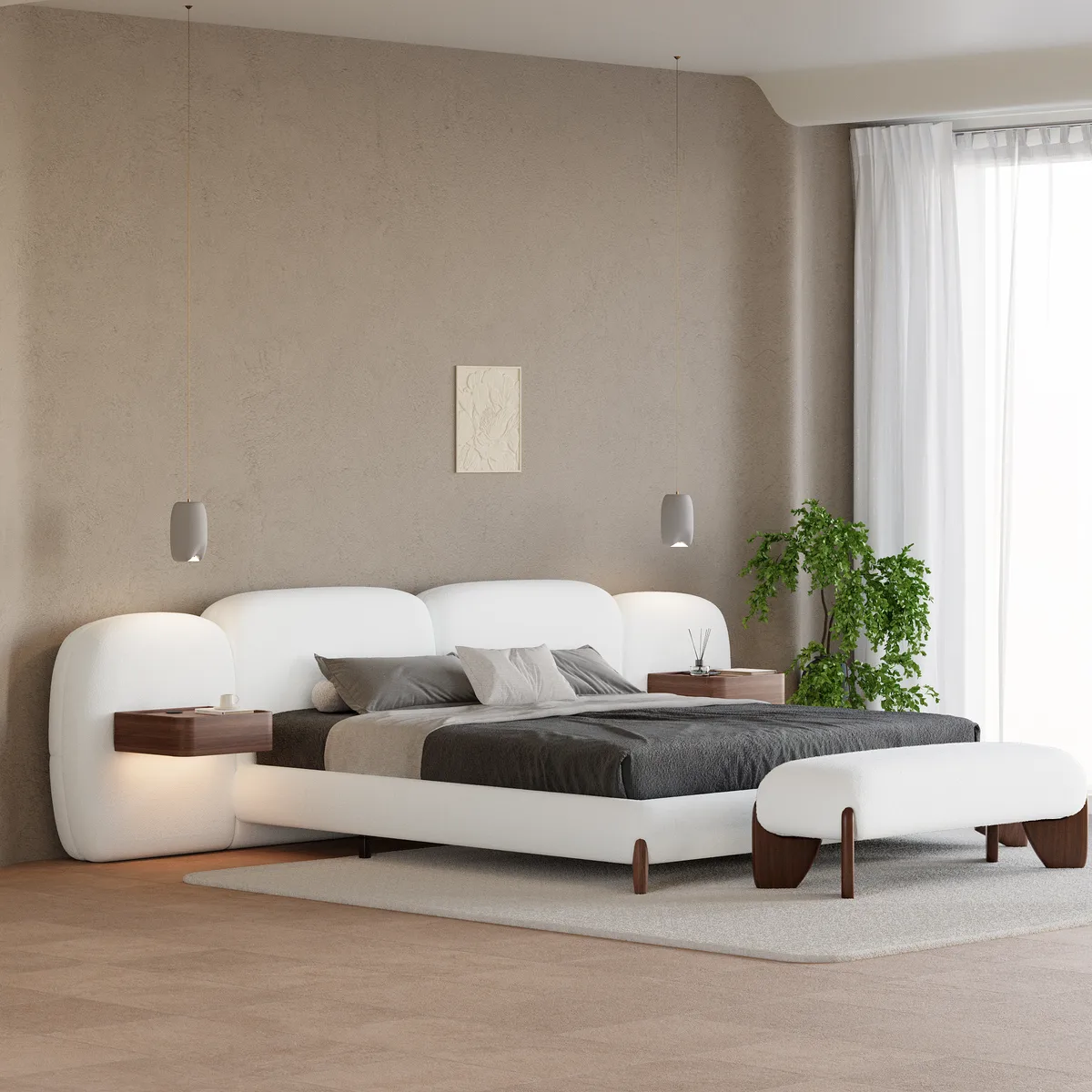 King Size Curva Boucle Upholstered Bed Frame with Extended Headboard & Floating Smart Nightstand Set — image 3