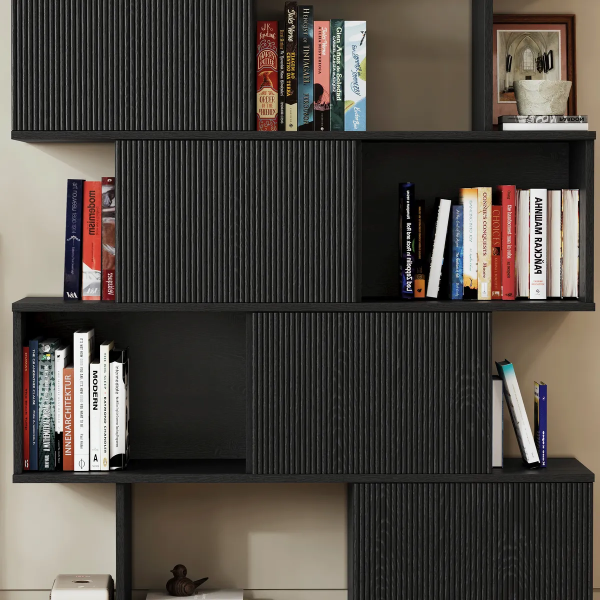 Modern 60" Black Standing Office Desk & Sliding Door Etagere Bookshelf — image 9