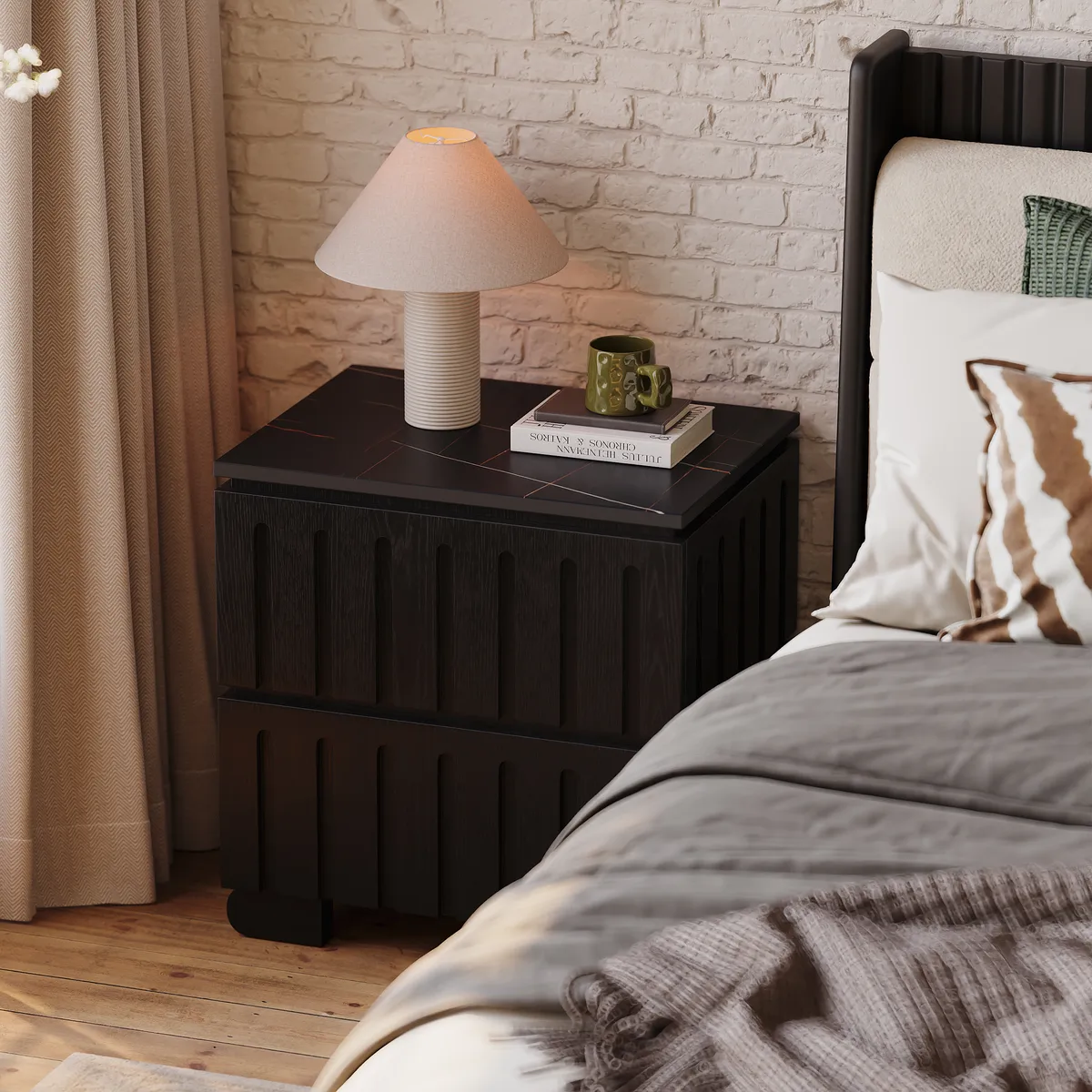Modern Solid Wood King Upholstered Bed & 2 Drawer Ash Wood Nightstand Set with with Faux Travertine Top — image 16