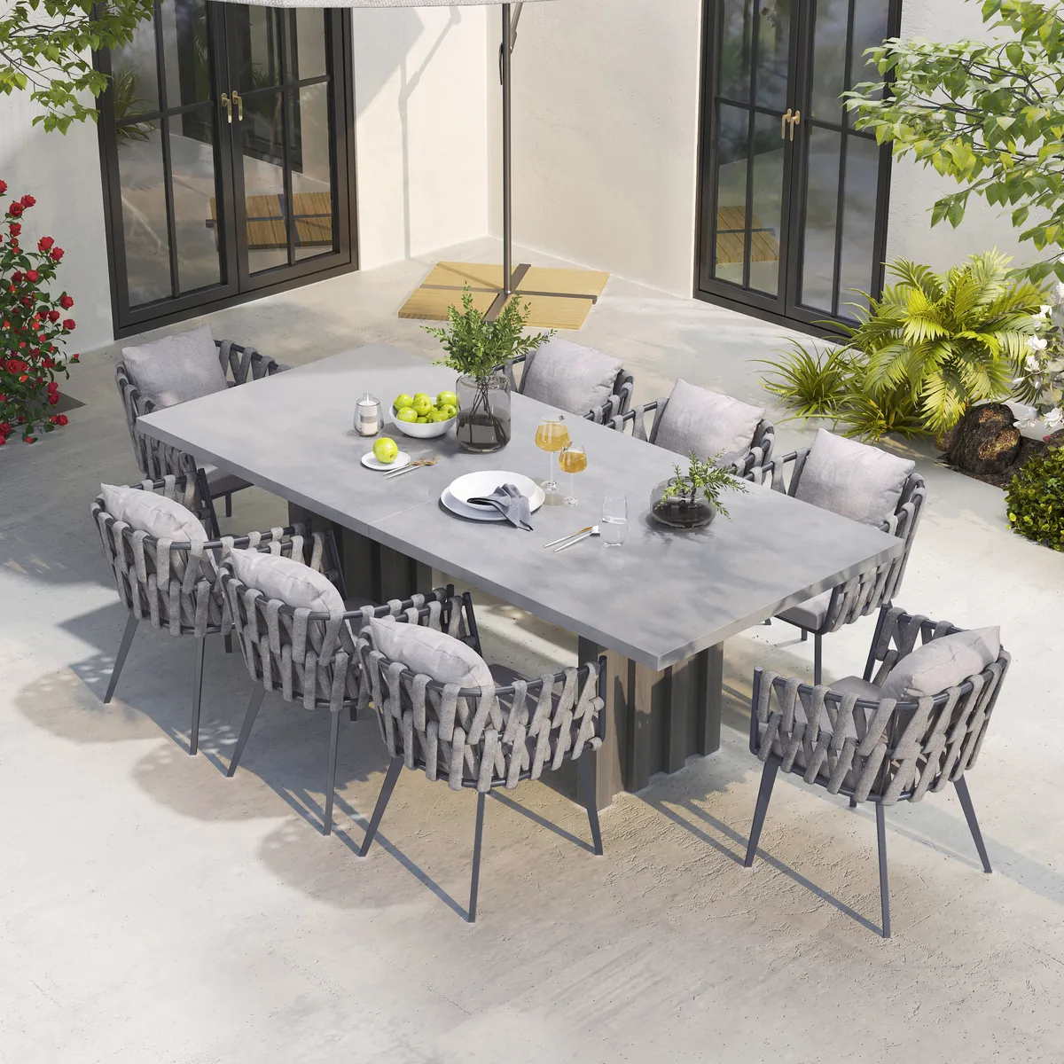 11 Pieces Gray Aluminum Outdoor Patio Dining Set with Extendable Table and Woven Armchai — image 4