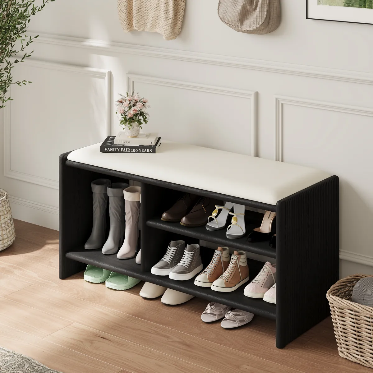 Modern Leather Upholstered Entryway Bench Shoe Storage — image 2