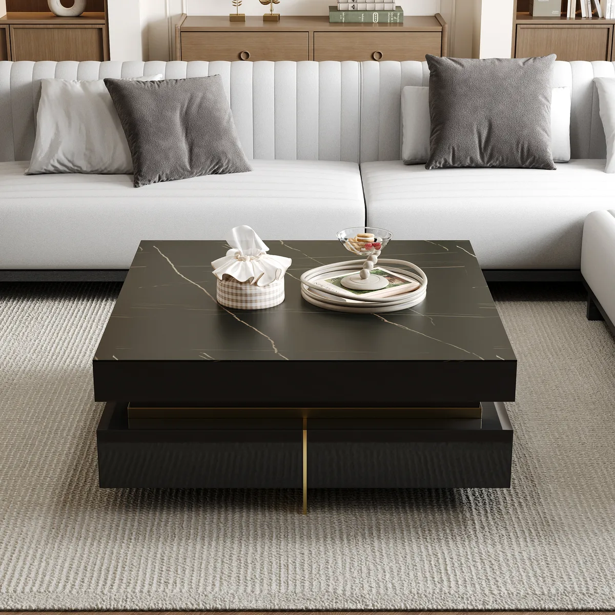 Black Modern Square Coffee Table with Drawers — image 3