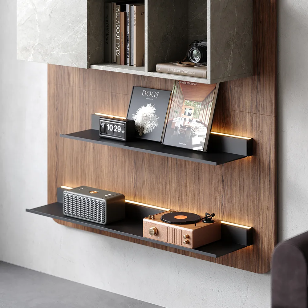 5-Tier Modern Walnut Floating Bookshelf with Storage and LED Bookcase — image 6
