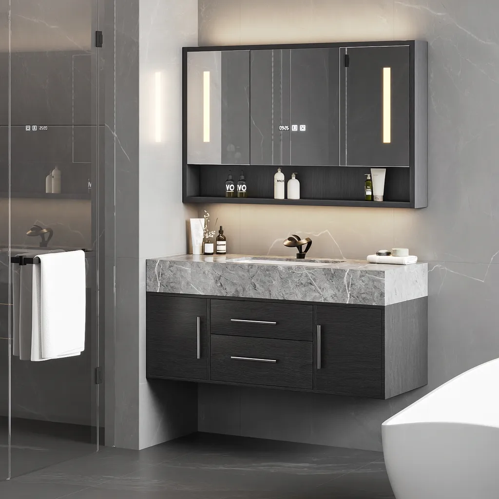 39.3" Walnut Bathroom Vanity & LED Medicine Cabinet Set