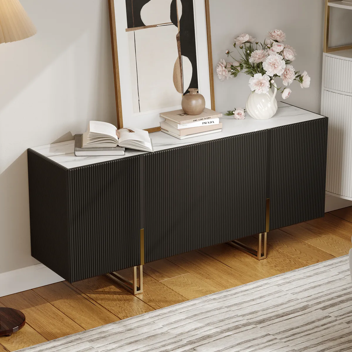 Grovyn 63" Buffet Sideboard Sintered Stone Top Black Fluted with Adjustable Shelves — image 14